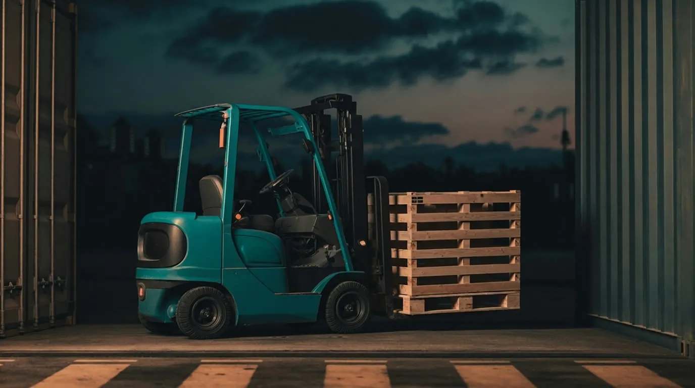 Gabelstapler setzt eine Palette vor einem Container ab, Abendlicht