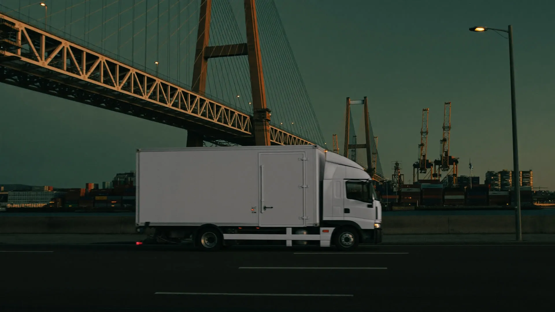 Lkw auf einer Hafenbrücke in Hamburg in der Abenddämmerung