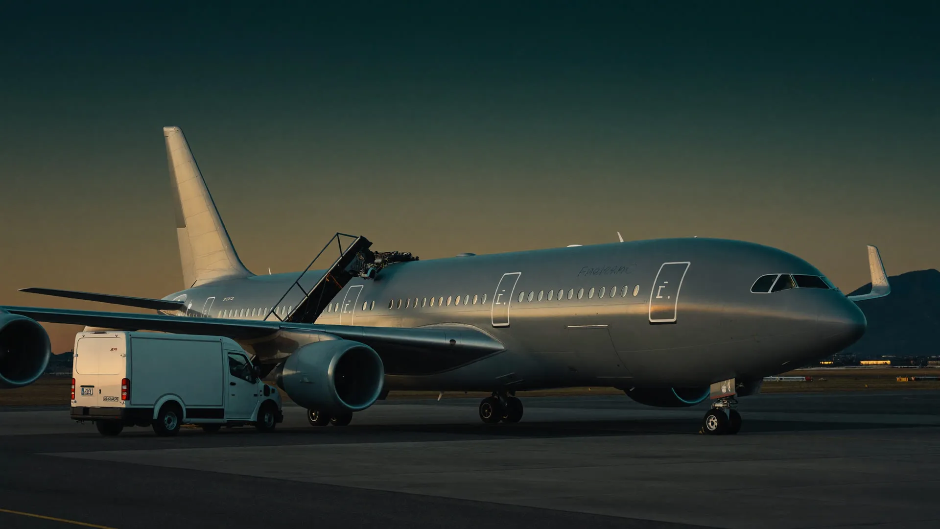 Frachtflugzeug wird in der Abenddämmerung am Flughafen beladen